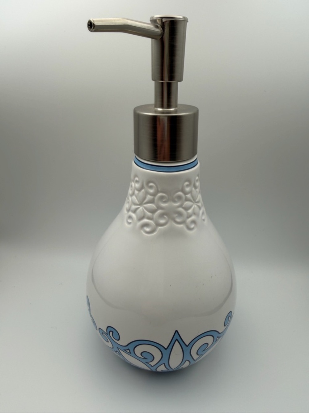 White and Blue Ceramic Soap Dispenser, Decorative Bath Accessory - Picture 5 of 7